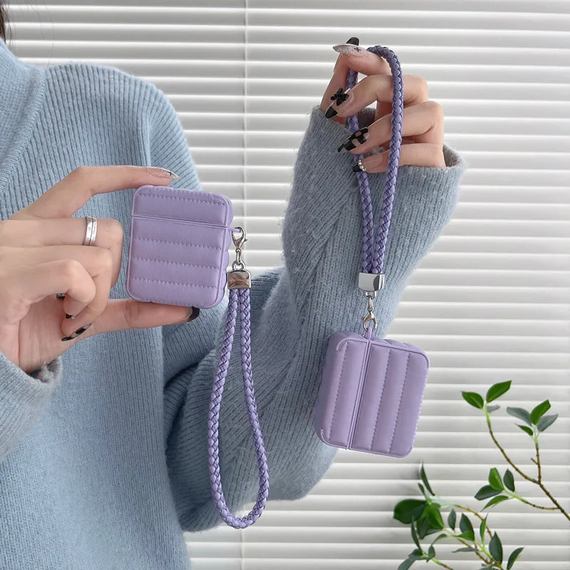 

Стильный чехол-пуховик для Airpods 3rd, мягкий фиолетовый чехол-пуховик для Airpods 1 2 Pro, защитная коробка для наушников с ручной веревкой