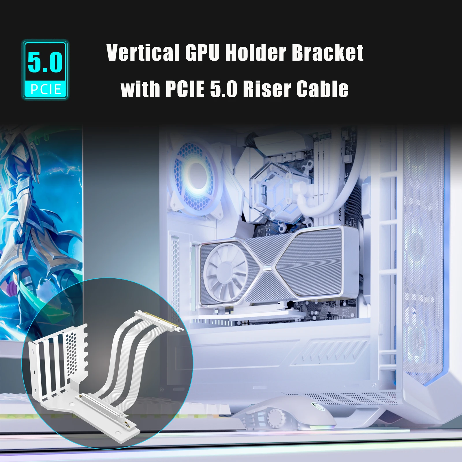 

GLOTRENDS Vertical Graphics Card Support Bracket with 180mm PCle 5.0 Riser Cable for 2-slot GPU Vertical