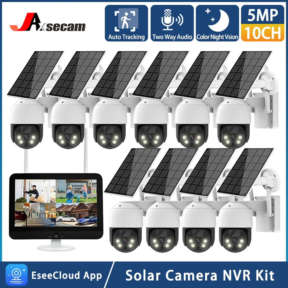 

10CH 5MP WIFI Solar PTZ IP Camera System 12.5" LCD Screen Monitor NVR Kit Auto Tracking Wireless CCTV Camera Video Surveillance