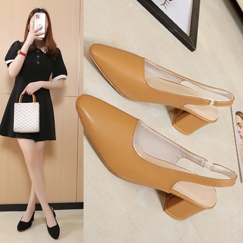 2024 New Women Pumps Pointed Thick High Heels Women\'s Baotou Sandals Back Hollow Shallow Ladies Shoes Solid Slip on Heels Women