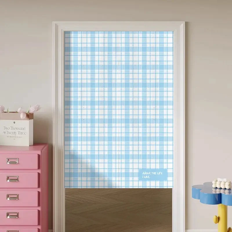 VIKAMA Fresh Blue White Gingham Noren Door Curtain Simple Lattice Quote Print Fabric Home Bedroom Partition Decor