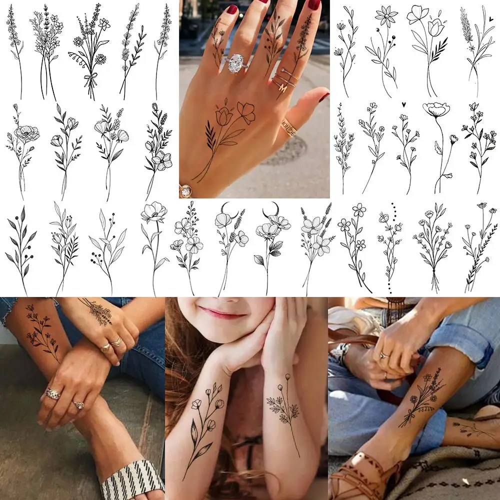 15 Sheets Black Tiny Lavender Branch Temporary Tattoos For Women Girl, Small Flowers Bouquet Fake Tattoo Stickers Adults Hands