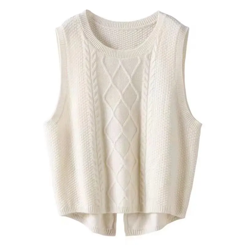 Knitted Vest for Women\'s New Solid Round Neck Short Spring and Autumn Camisole with Open Shoulder and Sleeveless Sweater