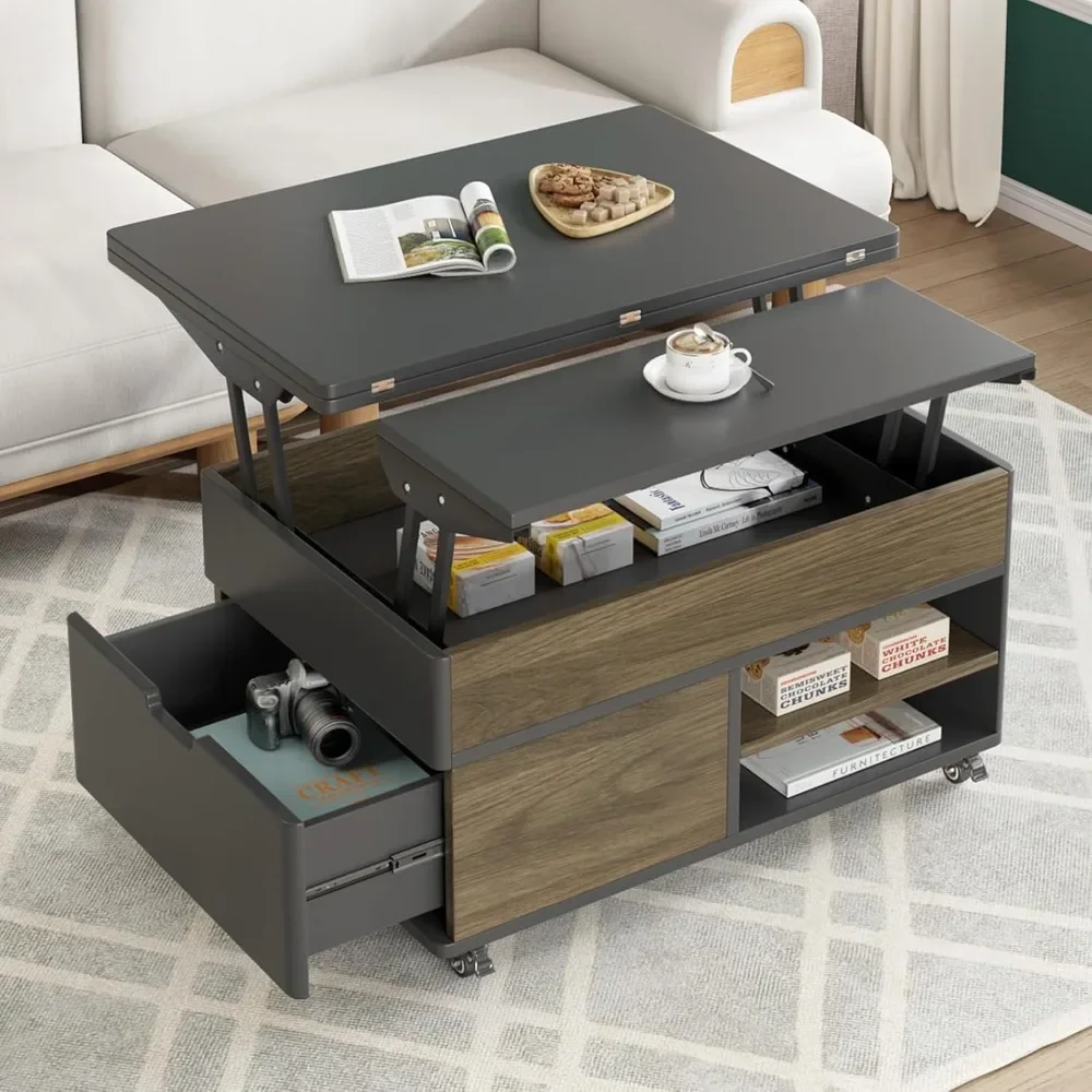 Lift Top Coffee Table with Hidden Storage Compartment,3-in-1 Center Tables with Wheels, Multi-Functional Folding Dining Table