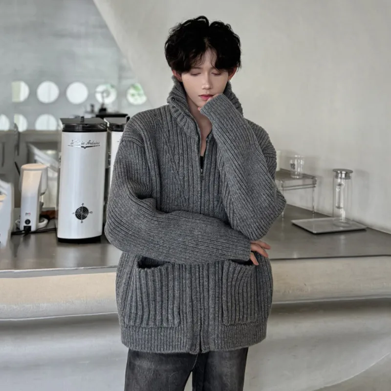 IEFB Turtleneck Knitting Men's Cardigan Knitting Pocket Zipper Solid Color Long Sleeve Male Sweater Striped 2024 Winter 9C8756