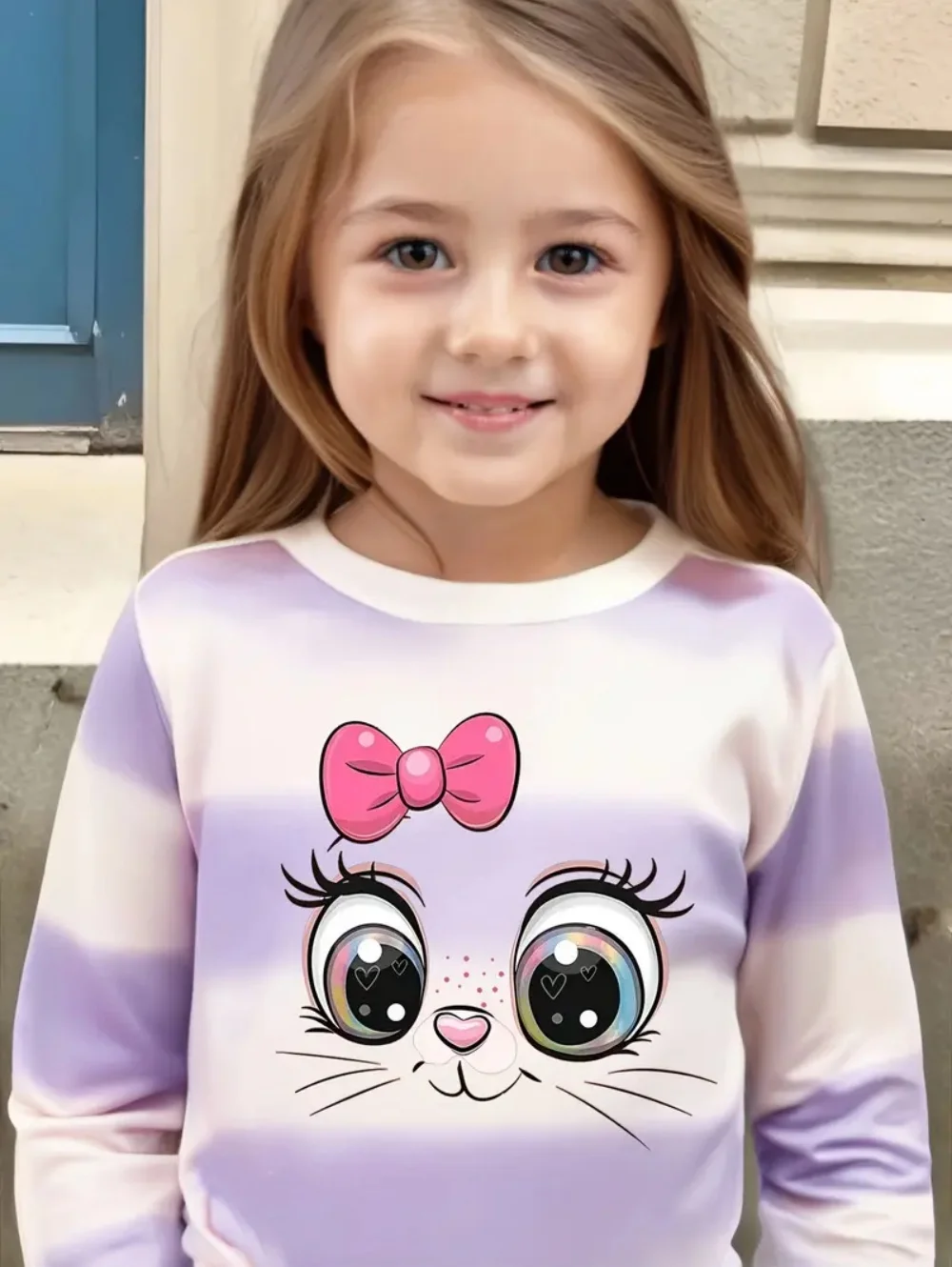 

Girl Clothes Kawaii Cat Face Graphic Long Sleeve Kids T-Shirt Autumn Children Top Casual Cartoon Streetwear Children's Clothing