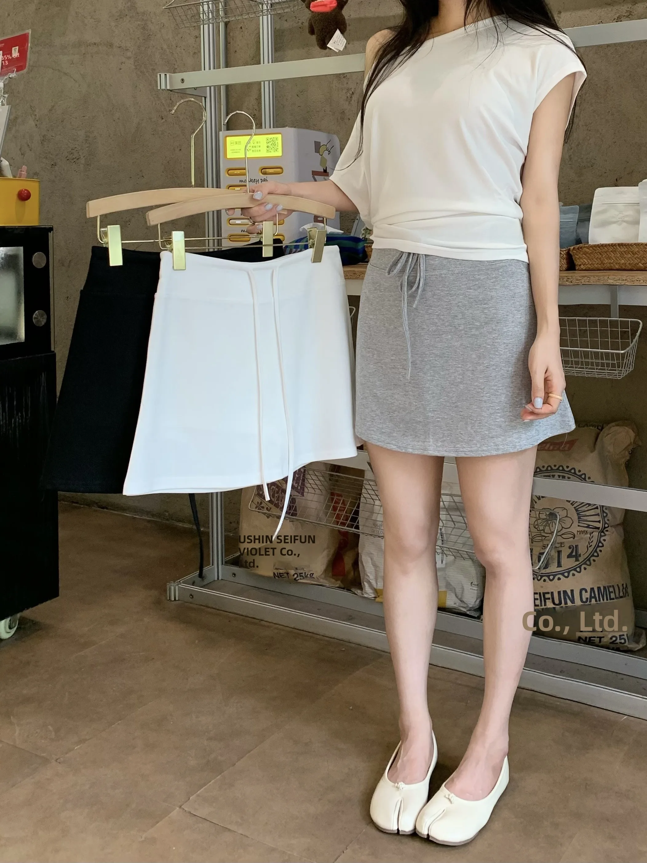 

Kumikumi High Waist A-Line Skirt Women's Summer New Style Pure Color Drawstring Versatile Skirt Commute Korean Style