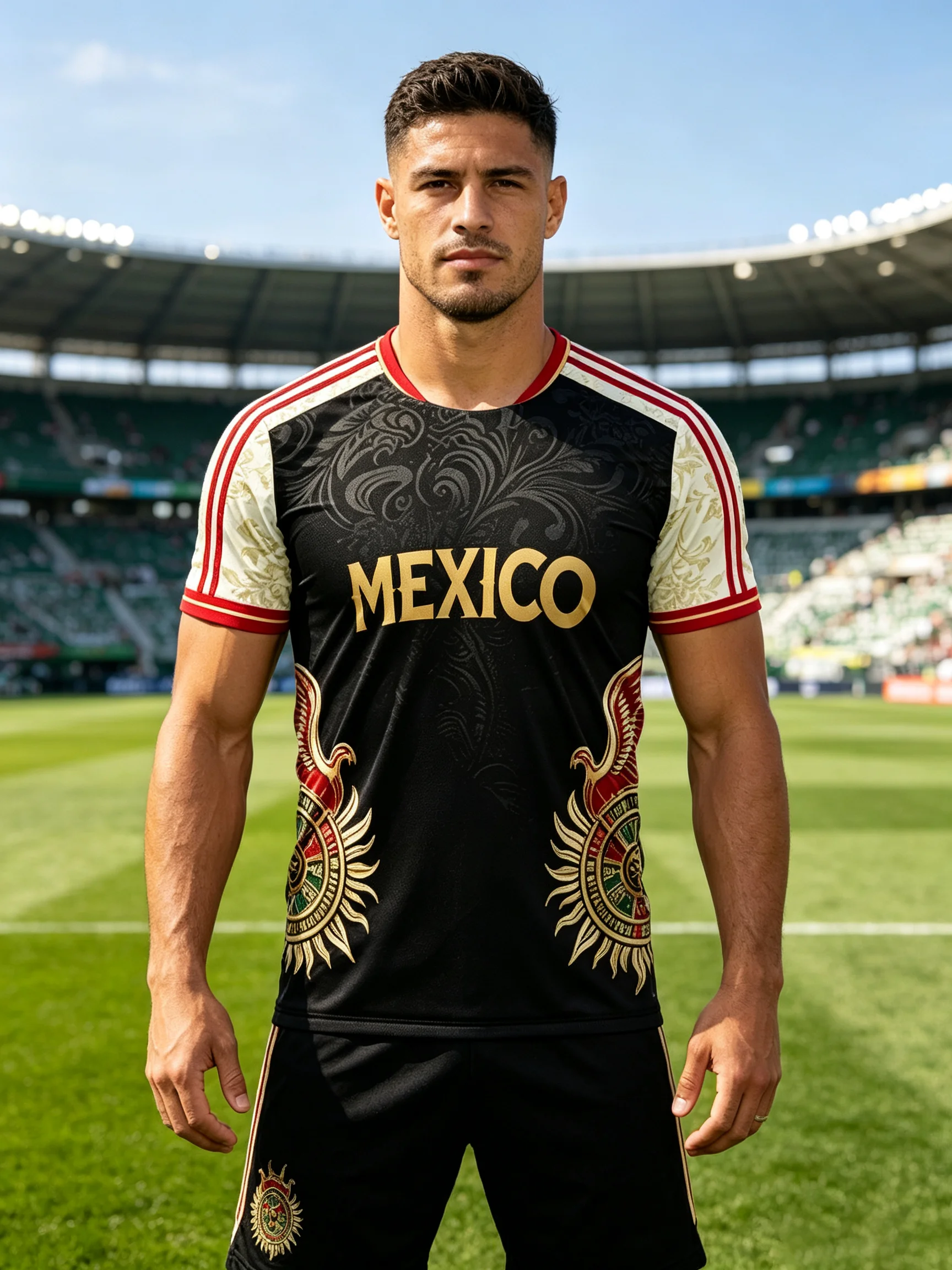 Mexican Sun God Totem Football Jersey, featuring retro dark patterns and carved raglan sleeves, with a strong folkloric vibe