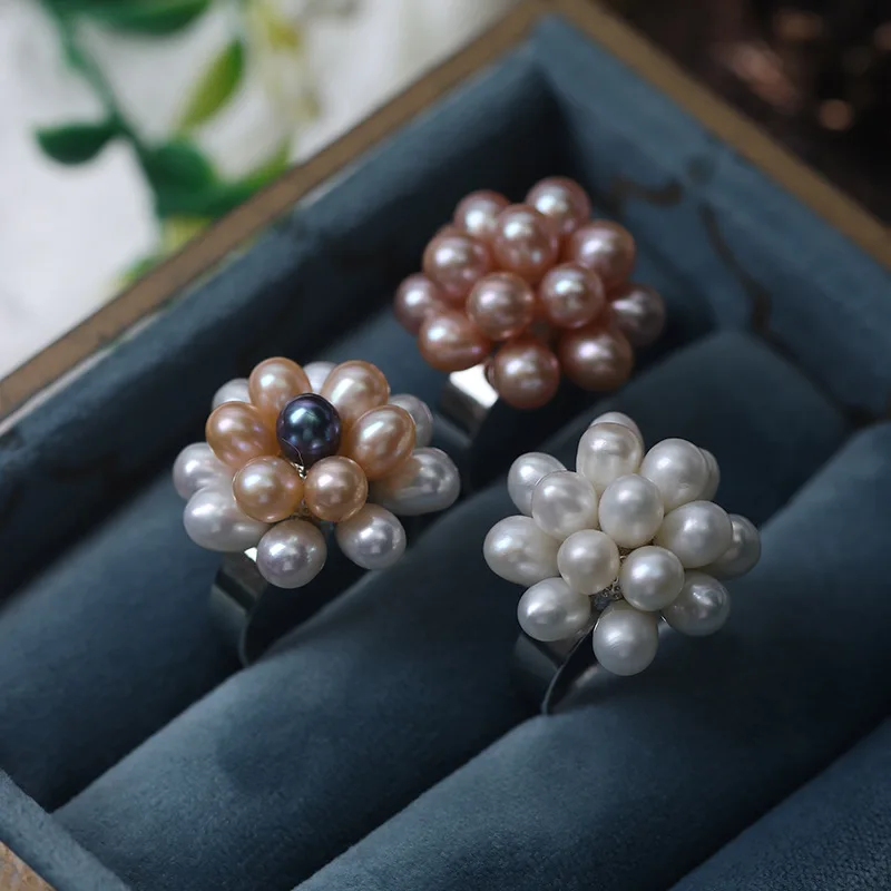 Elegant Natural Freshwater Pearl Flower Rings for Women Bridal 5-6mm Small Rice Baroque Pearl Ring Bands Wedding Luxury Jewelry
