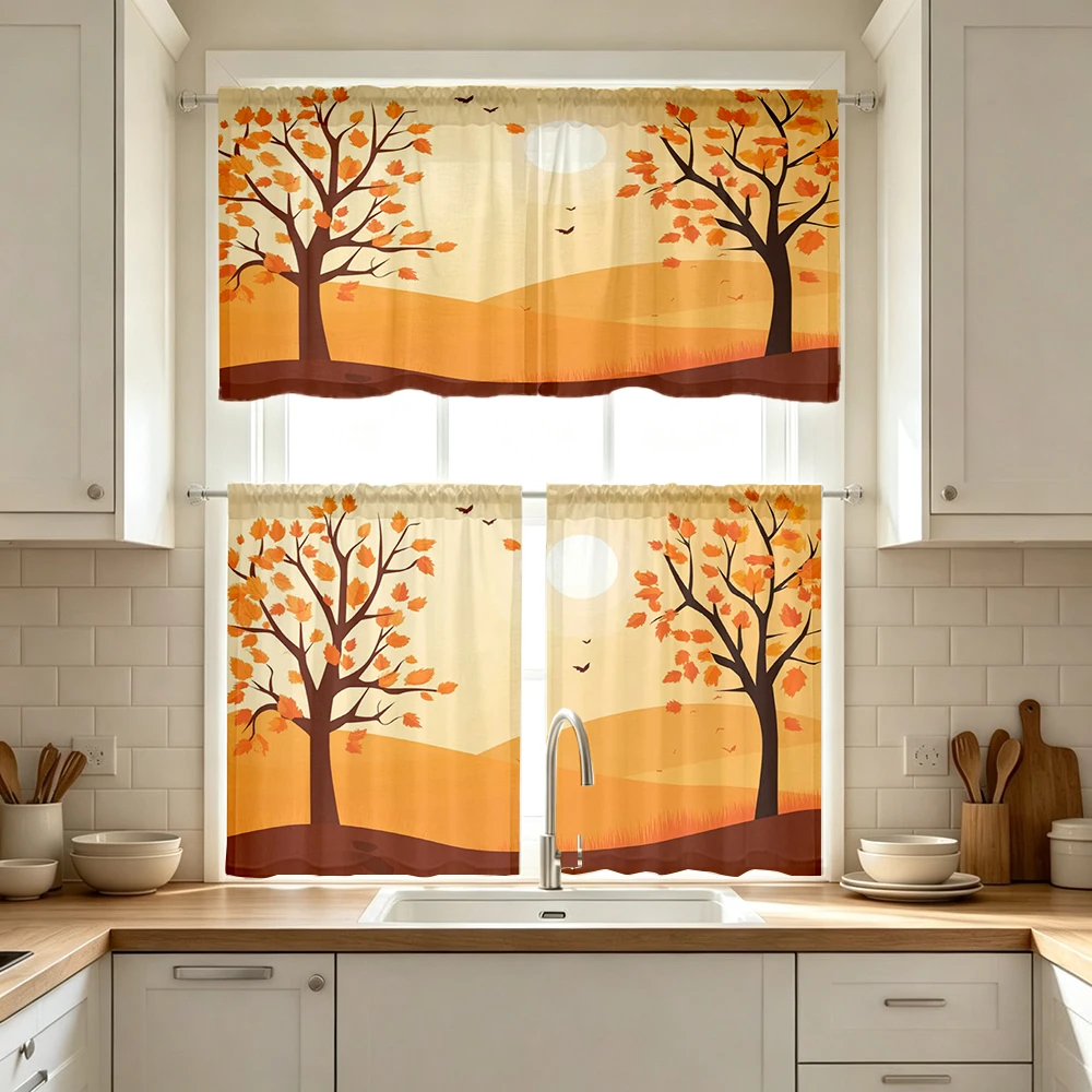 Thanksgiving Fall Kitchen Curtains, Fall Tree Sunset Leaf, Digital Print, Kitchen Dining Room, Rod Pocket Polyester, Home Decor
