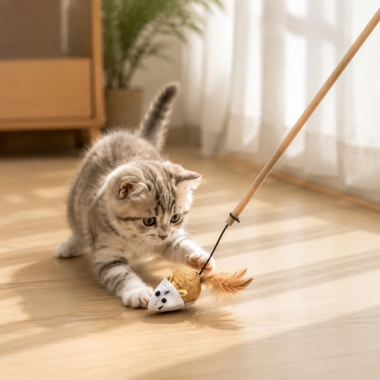 Cat Wand Toy Feather Fish Interactive Teaser Stick Natural Wooden Rod with Bell Kitten Hunting Chase Exercise Pet Toy