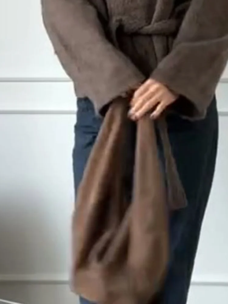 

Женская коричневая флисовая куртка с воротником-стойкой, укороченное пальто, свободная зимняя верхняя одежда с поясом, осень 2024, новый уличный женский наряд