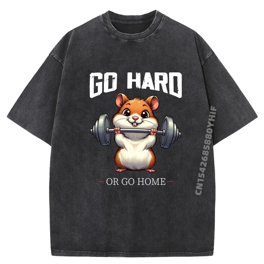 

Go Hard Or Go Home Хомяк Тяжелая атлетика Фитнес Тренажерный зал Синие и белые футболки с рисунком Мужская одежда Стираная футболка