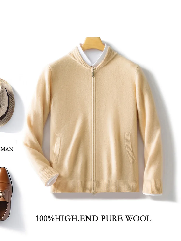 Men's Cashmere Sweater Zipper Cardigan Autumn Winter 100% Merino Wool Knitwear Thick Soft Warm Smart Casual Sweater Coat Tops