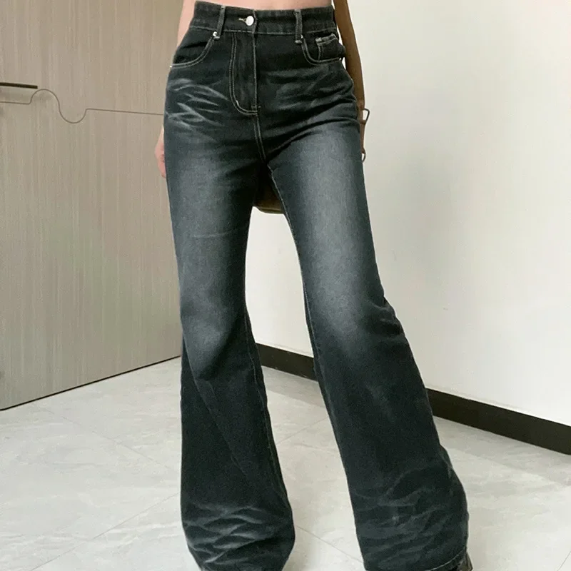 Celana Jeans wanita pinggang tinggi, celana Denim kaki melebar, celana jins pinggang tinggi bermotif, celana Hem melebar elastis, celana bawah Bell, pakaian jalanan 2024