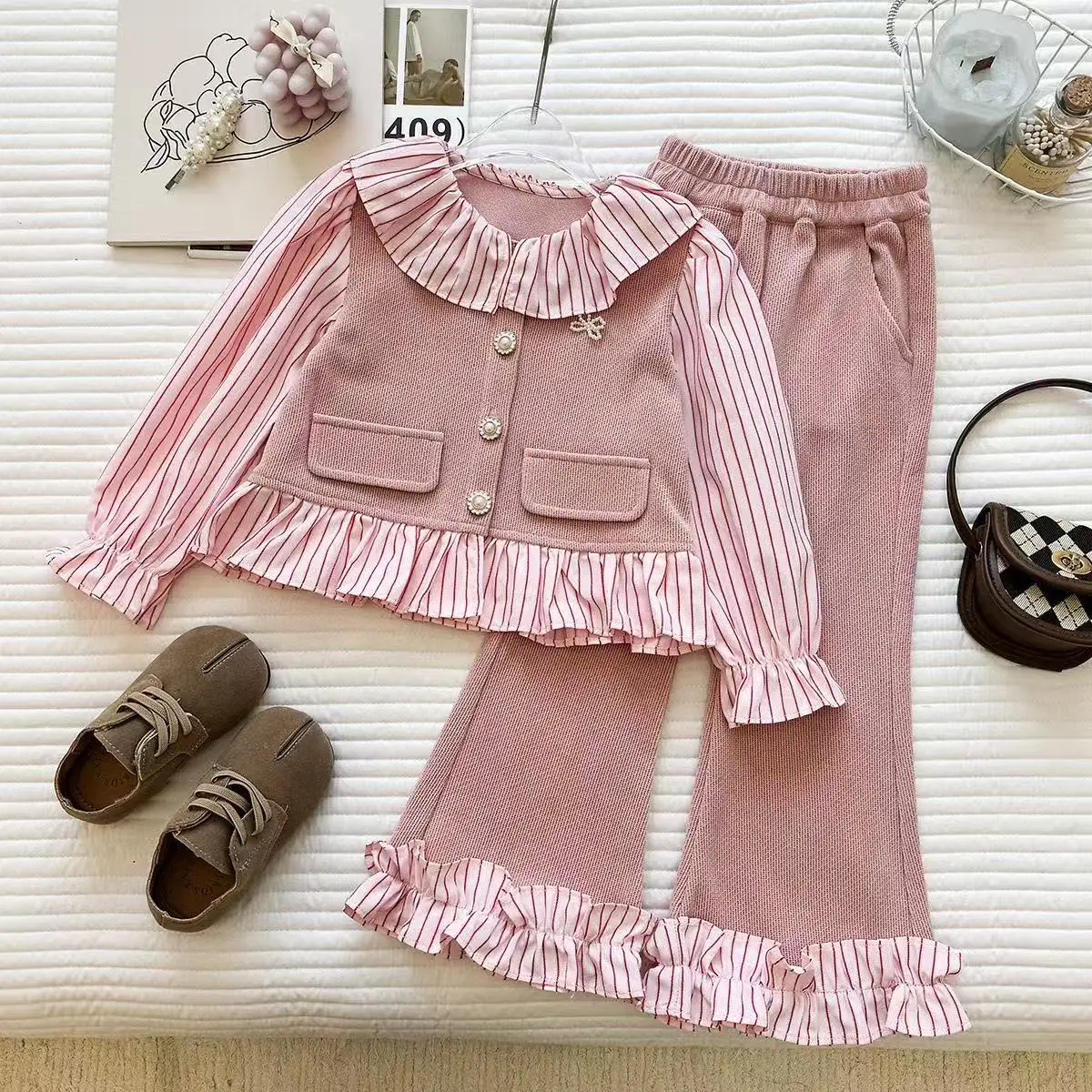 Spring Girls 2Pcs Outfit Striped Lapel Long Sleeve Shirt Ruffled Hem Pants Korean Style Casual Two Piece Set for 90-150cm