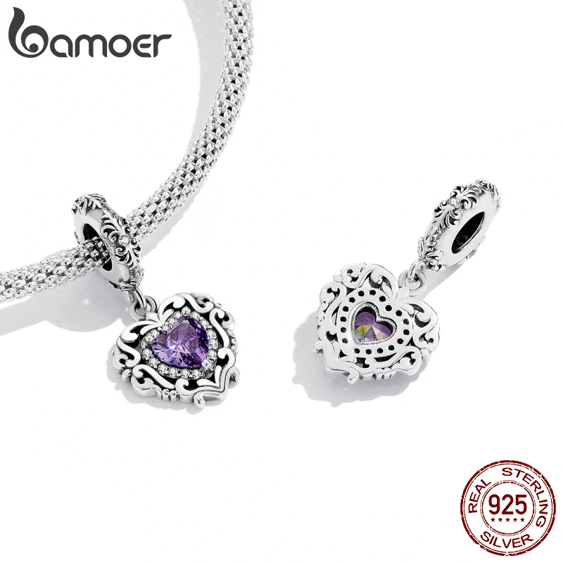 BAMOER 925 Sterling Silver Purple Shining Stone Collection Charms Love Drop Pendant fit for Charm Bracelet Vintage Pattern Beads