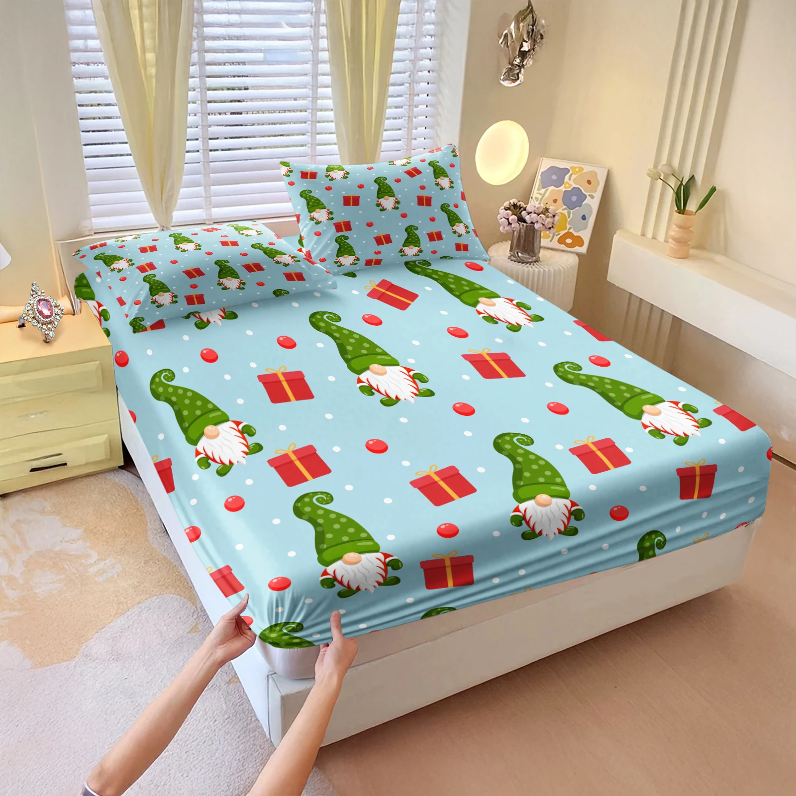 3Pcs Cute Green Gnome Fitted Sheet Set, Light Blue with Red Gifts, Festive Holiday Bedding, No Pillow Insert