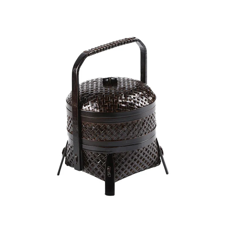 

Bamboo woven Japanese lacquer retro food box storage basket round tea set with lid storage box lacquer gift basket portable