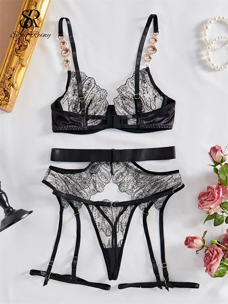 SINGREINY أنثى شير سلسلة المثيرة حمالة صدر وموجز مجموعات شفافة التطريز نادي الملابس الداخلية السيدات الجوف خارج مثير الملابس الداخلية الدعاوى