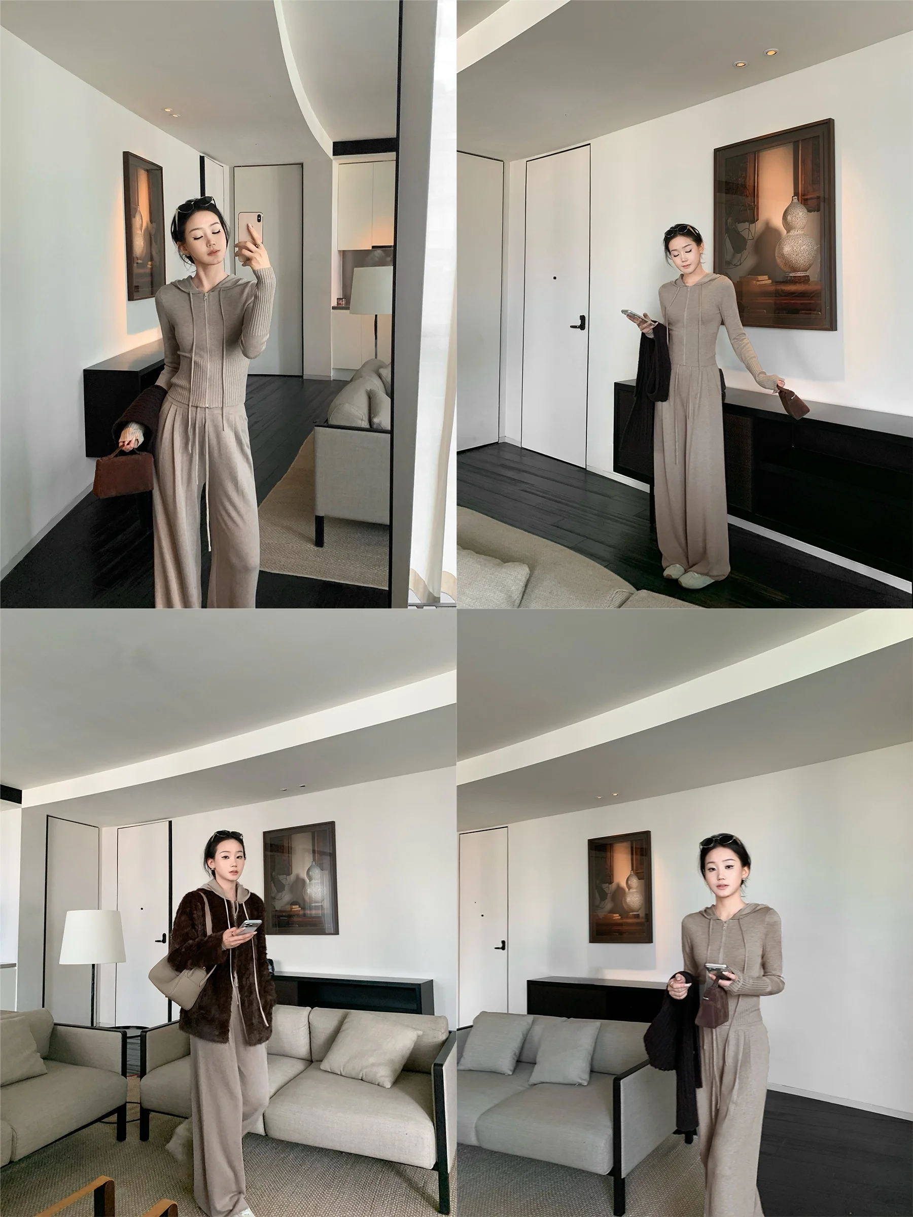 

5werkwen женский открытый кардиган с капюшоном Lamb Camere, плиссированные прямые брюки, комплект, зимний ансамбль для похудения