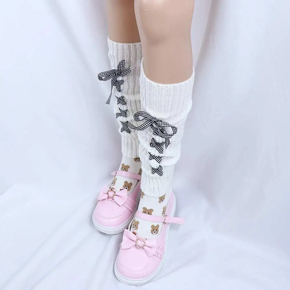 Sweet Costume Accessories Bow Bandage Cosplay Plaid Knee Protection Women jk Hosiery Wool Leg Warmers Knitted Socks Foot Cover