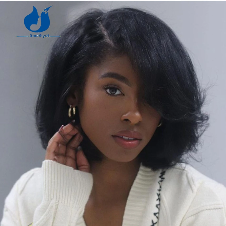 Peruca brasileira Yaki Bob cortada em camadas para mulheres, perucas de renda frontal, cabelo humano, preto natural, reto, curto, 13x6, 8 "-14"