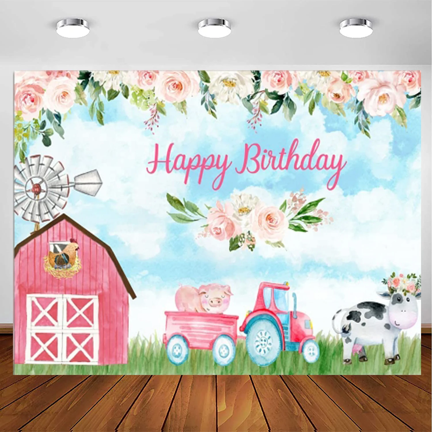 

Photography Backdrop Pink Floral Cartoon Farm Animals House Grass Land Background Girls Boys Kids 1st Birthday Party Decoration