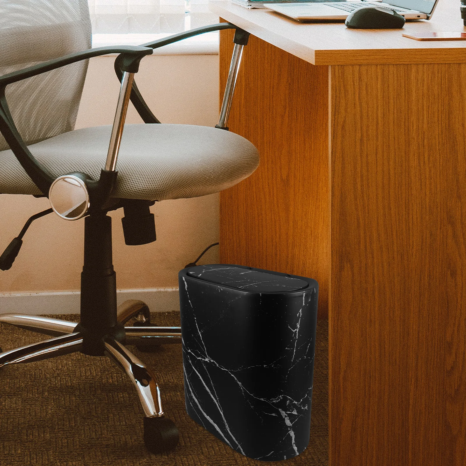 

1pc Marble Style Slim Space Saving Trash Can Bathroom Bedroom Garbage Bin Plastic Waste Container Decorative Kitchen Office Home