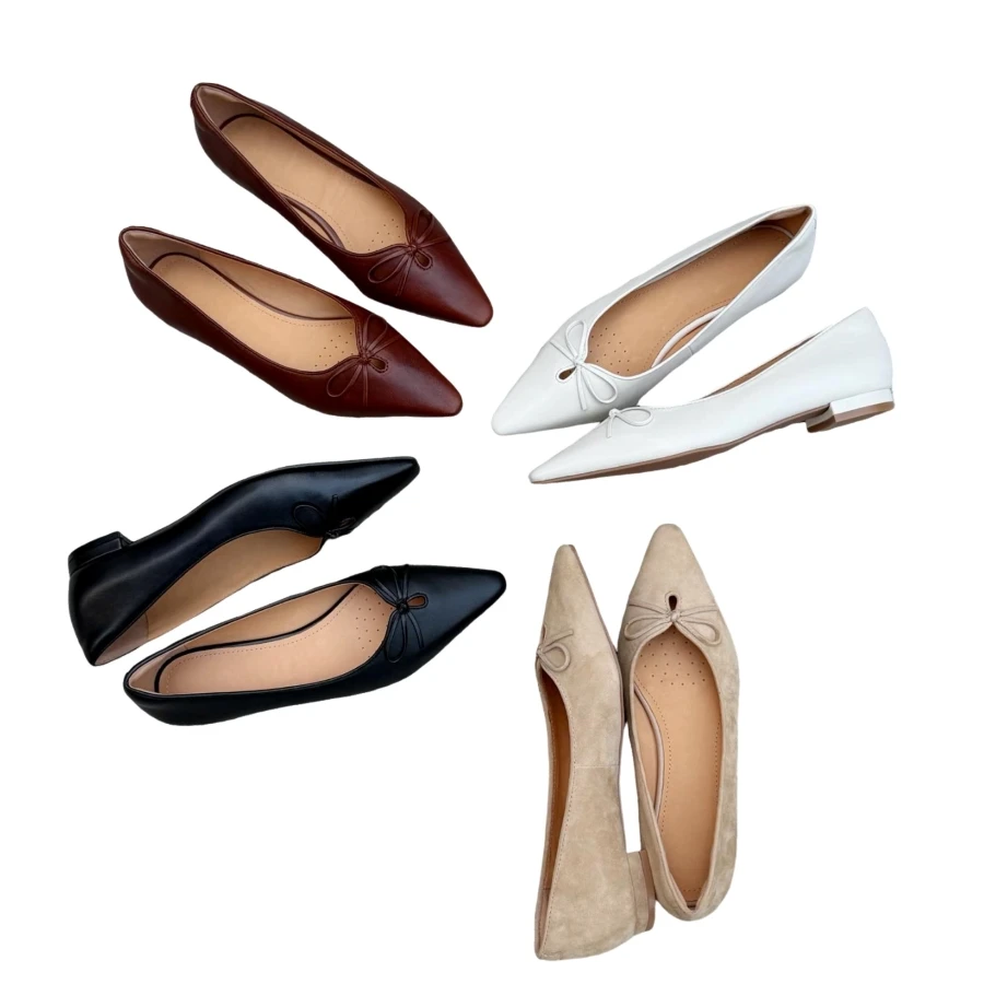 Sheep Leather Women Bow Design Pointed Toe Low Heel Pumps Soft Leather Simple Style Indoor Outdoor Workplace Ladies  BG1711