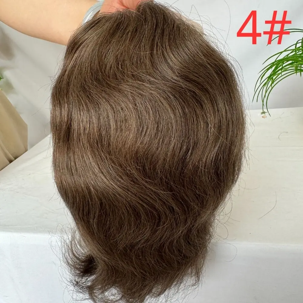 Pwigs Men's Toupee Mono Lace with PU Base Men's Hair 4 Brown Color European 100% Human Monofilament Hair System