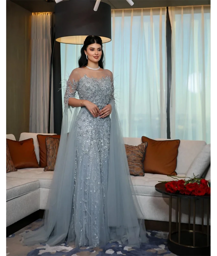 Maßgeschneiderte exquisite Organza A-Linie Pailletten Applikationen Abendkleid Temperament lange Ärmel O-Ausschnitt maßgeschneiderte Anlasskleider