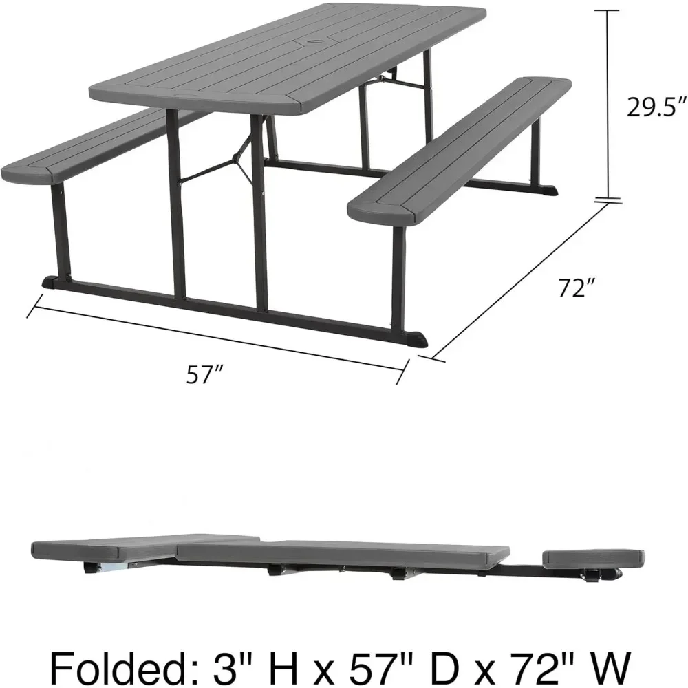 Outdoor Living 6 Ft. Folding Picnic Table, Dark Gray Wood Grain Resin with Gray Steel Legs, Outdoor Tables