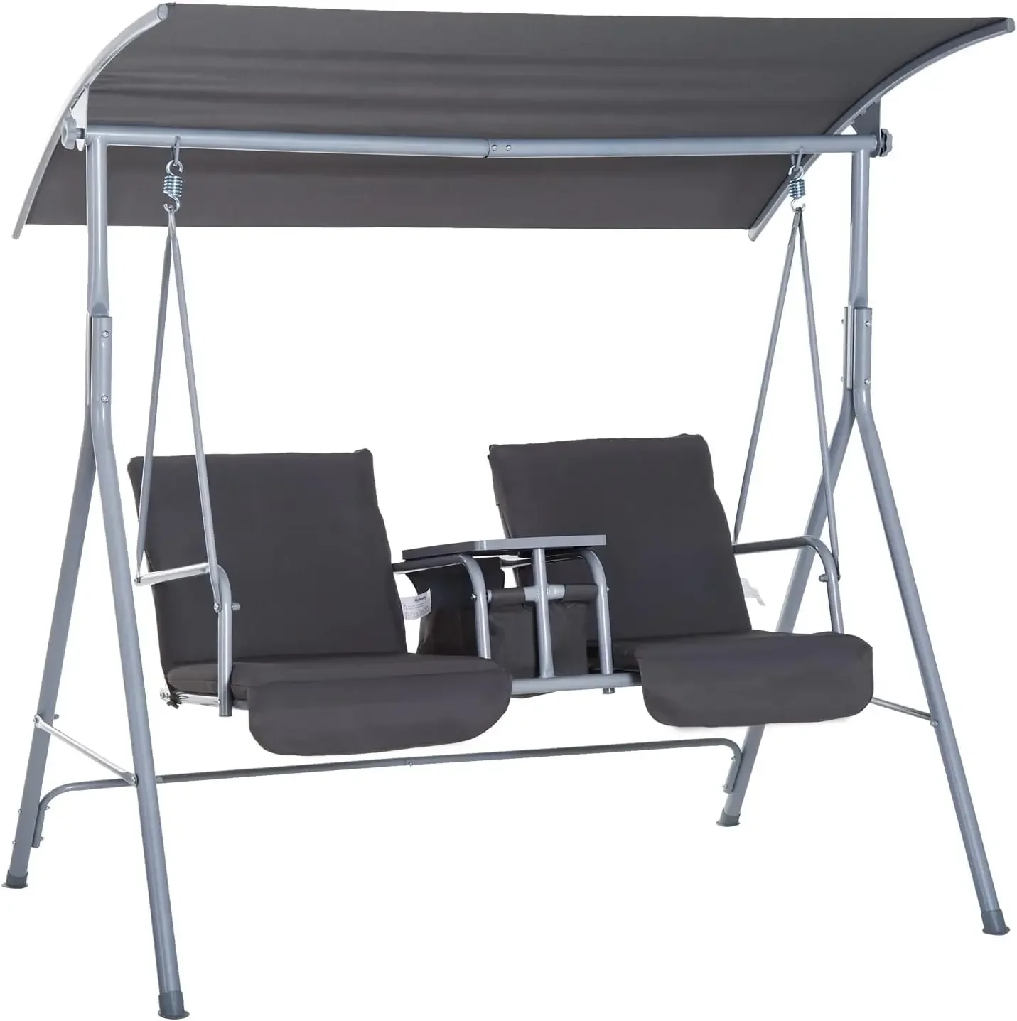 Outsunny-Balanço com suporte, balanço ao ar livre com dossel, mesa de armazenamento pivô, 2 porta-copos, almofadas para pátio, 2 pessoas