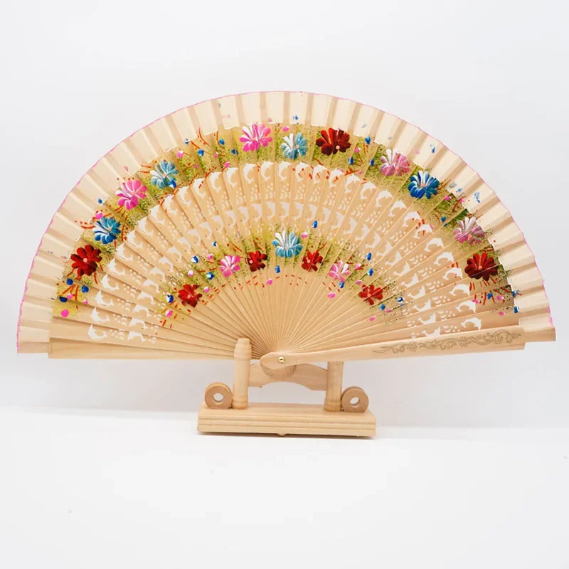 Folding Fan Wood Spanish Fan Flower Pattern Dancing Printing Hand Folding Fan Home Decoration Ornaments Craft DIY Gifts Guest