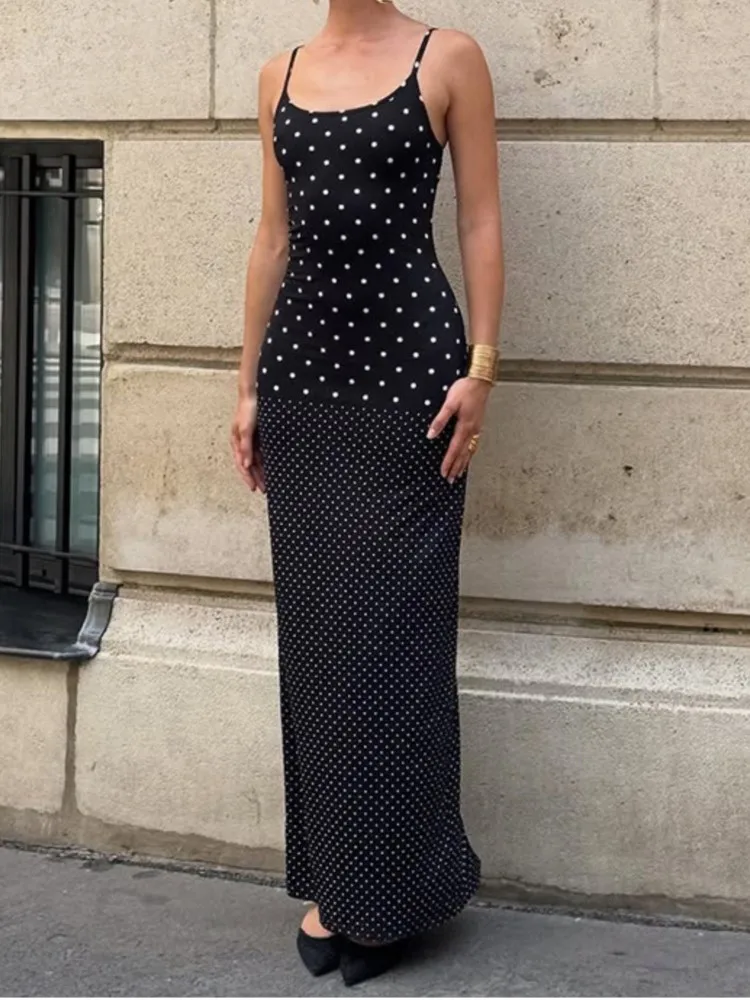 Nuovo comodo abito casual da donna primavera e autunno stampa a pois con bretelle francesi senza maniche gonna lunga sexy sottile