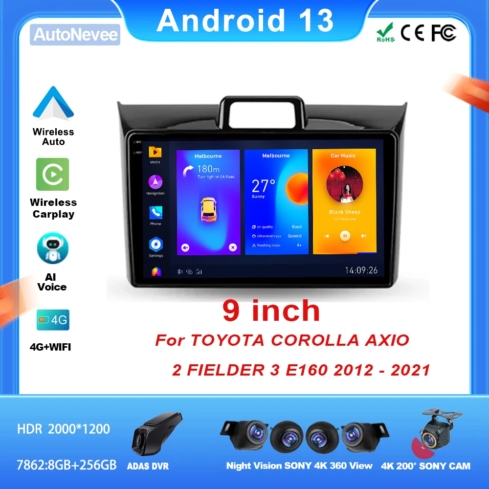 Car Bluetooth Android For TOYOTA COROLLA AXIO 2 FIELDER 3 E160 2012 - 2021 Multimedia Player Touch Screen 9 Inch 5G Wifi Display