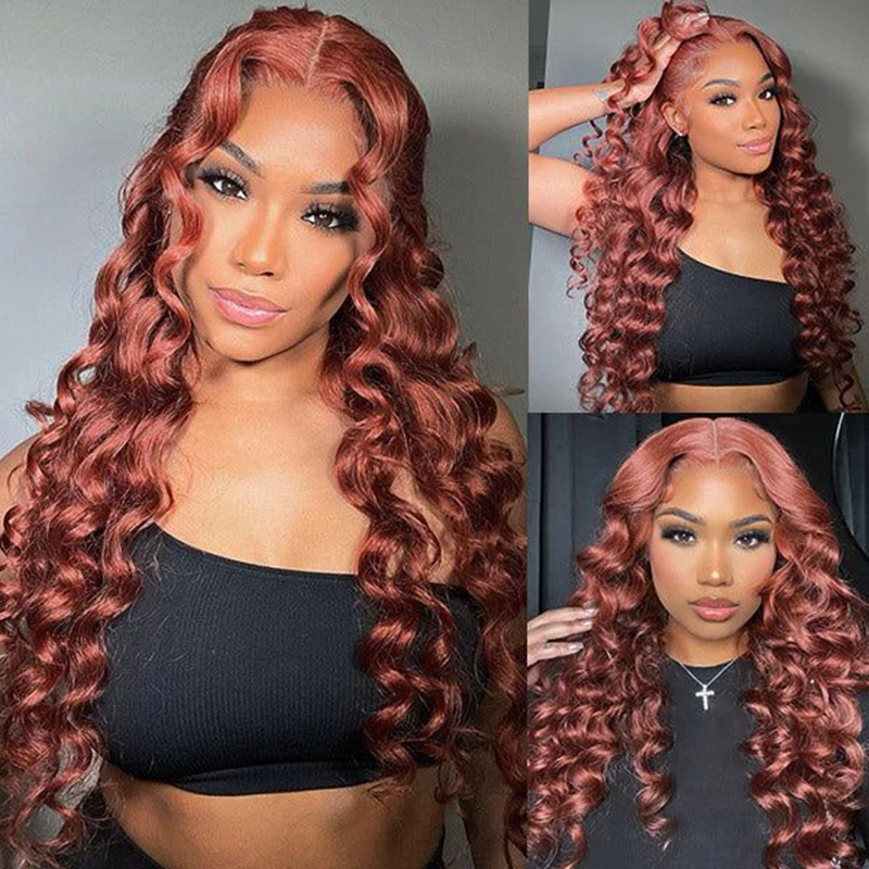 32 34 Inch Reddish Brown Loose Wave Frontal Wig 13X6 HD Lace Frontal Wig Colored Loose Deep Wave 13x4 Lace Front Human Hair Wigs