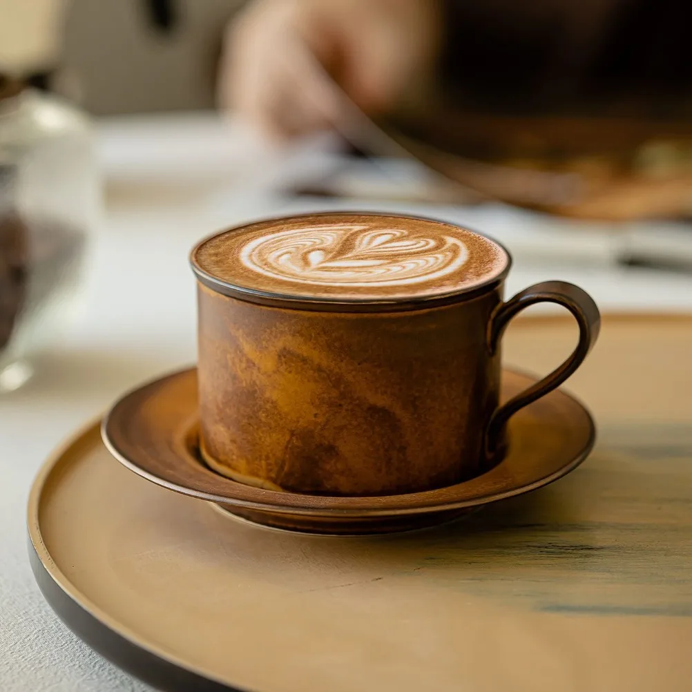 Japanese Retro Coffee Cup and Plate Set Large Capacity 250ml Ceramic Cappuccino Cup Milk Cup Kiln Made Coarse Pottery Mug
