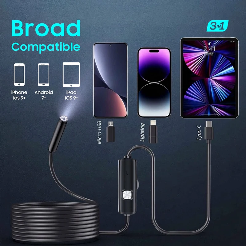 1920P HD Endoskopkamera für iPhone Huawei iOS Android Type-C Micro USB Boreskop Inspektionskamera mit Licht für Auto und Kanalisation – Detail 2
