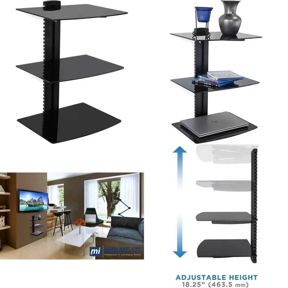 

Настенная развлекательная полка для DVD-плееров, кабельные коробки, аудио и игровые системы, закаленное стекло, черный, 3-уровневое хранилище S