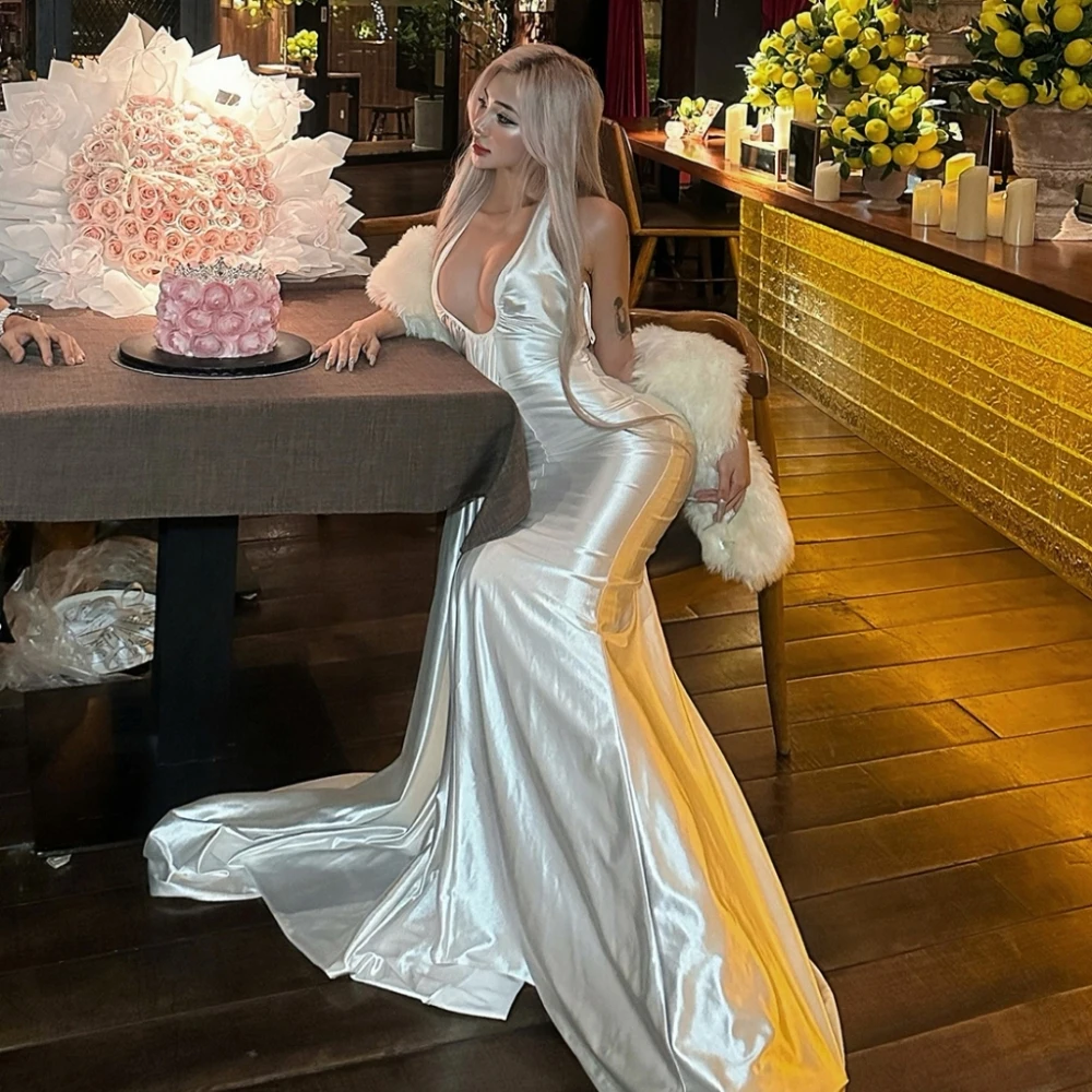 SylCue Silky Satin Elegant Long Dress Dress Women Halter Low-Neck Backless Sleeveless Midnight Cocktail Party Skinny Vestidos