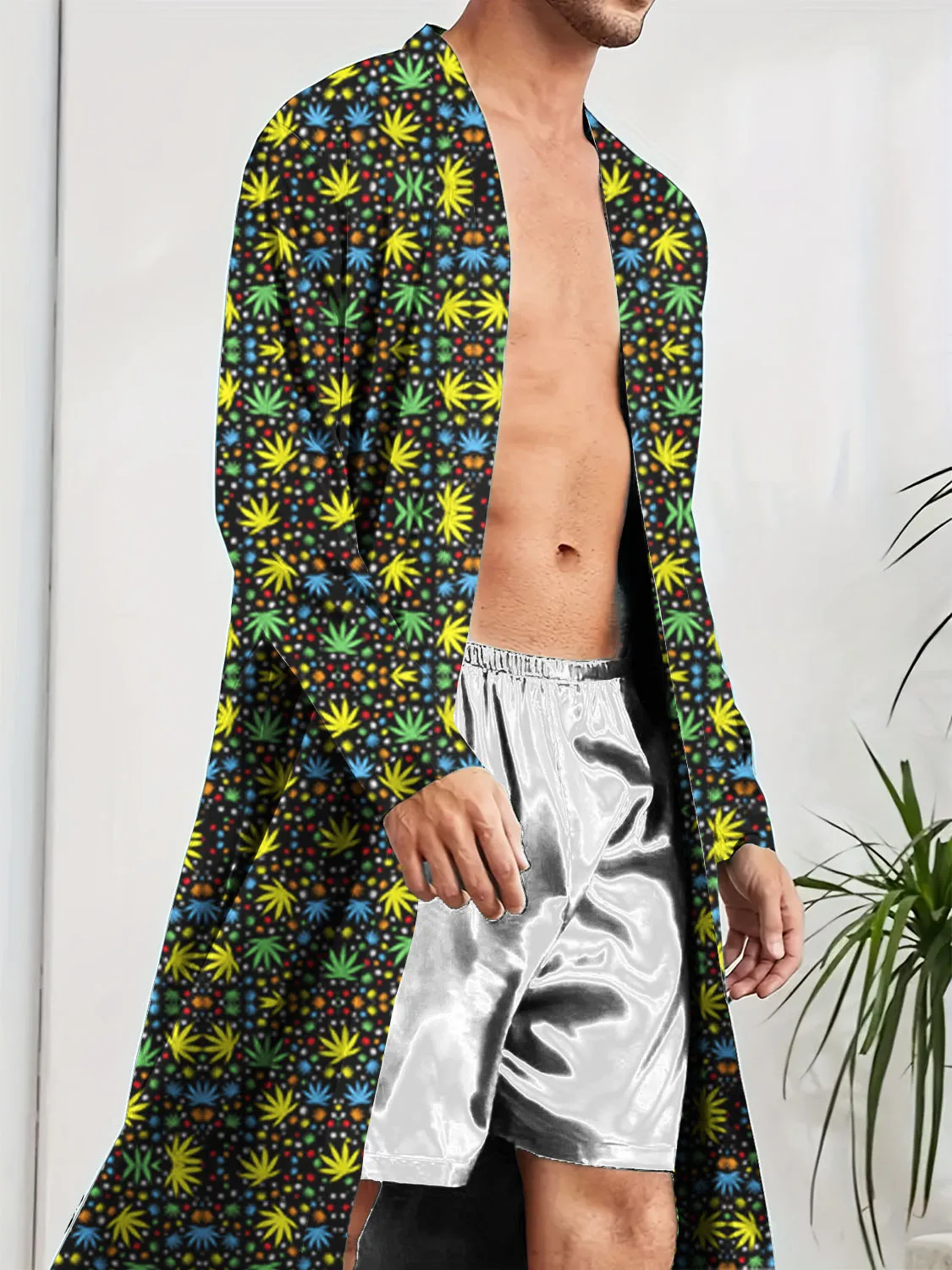 Digital printed multi-color leaf pattern men's longs robe, spring and autumn casual men's nightgown, home quick drying