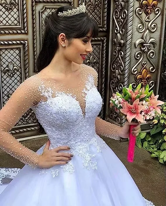 Flavinke 맞춤형 긴 소매 구슬 웨딩 드레스 2025 Sheer V 넥 Appliqued 레이스 스윕 기차 라인 Vestidos De Noiva