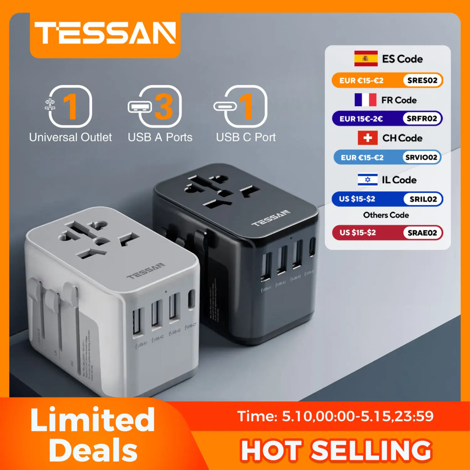 Adaptateur de voyage universel TESSAN avec port USB et type C, adaptateur secteur mondial prise EU/UK/USA/AUS pour les voyages internationaux