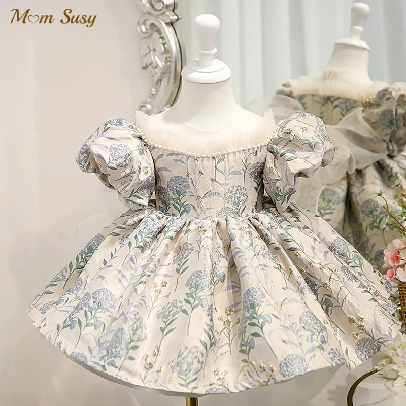 

Baby Girl Princess Pearl Beading Lace Silk Dress Short Puff Sleeve Child Vintage Big Bow Vestido Party Pageant Birthday 1-14Y