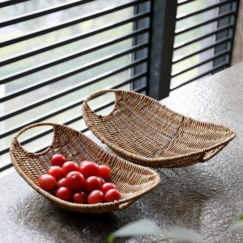 

Rattan Fruit Bread Snacks Storage Tray Coffee Bar Storage Basket Nordic Desktop Cosmetic Sundries Organizer Kitchen Storage Boxs