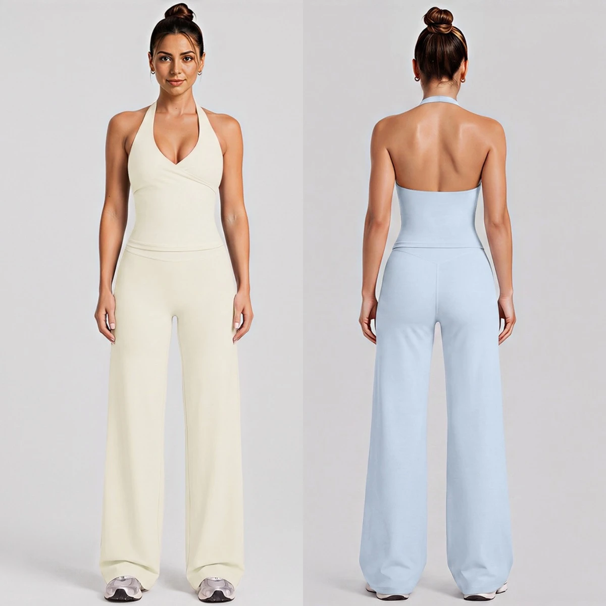 Women 2‑Piece Yoga Workout Set Halter Wrap V‑Neck Cropped Yoga Vest High Waist Wide Leg Pants Gym Pilates Fitness Sports Set