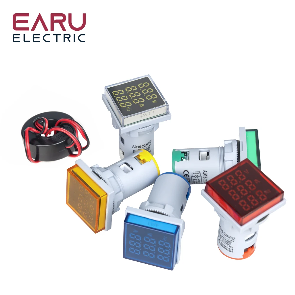 Square LED Digital Voltmeter Ammeter Hertz Meter AC20-500V Signal Lights Voltage Current Frequency Combo Meter Indicator Tester