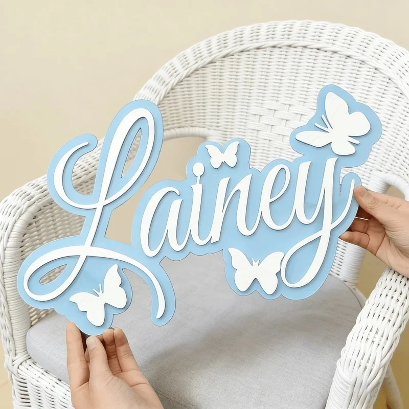 Personalized Baby Name Plaque, Blue Design with White Butterfly, Minimalist Wall Decoration for Kids Nursery